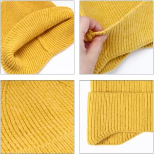 A yellow earflap beanie with a ribbed texture and a folded brim, showcasing different angles of the product.