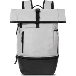 A grey and black roll top backpack with zippers and adjustable straps, featuring a logo.