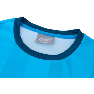 A light blue 100% polyester sublimated tee shirt featuring a navy collar and a tag indicating size L.