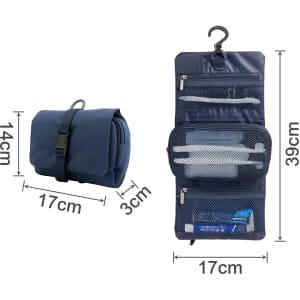 A navy folding travel toiletry bag featuring multiple compartments and a hook for hanging, measuring 39cm by 17cm.