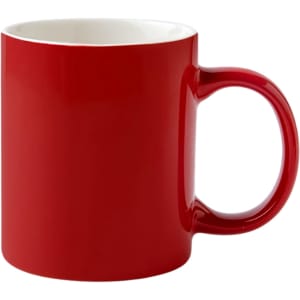 A red ceramic mug with a glossy finish and a sturdy handle, featuring a plain design.