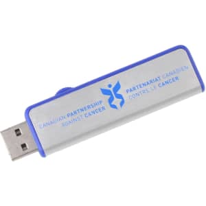 A silver and blue flash drive with a logo on its metallic surface.
