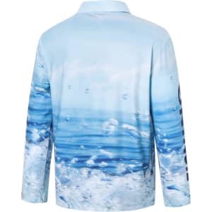 A long-sleeve polo shirt in shades of blue, featuring a water-themed sublimated design and a logo on the sleeve.