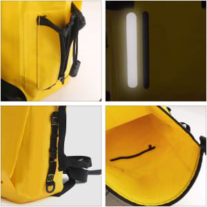 A yellow waterproof roll top backpack featuring reflective strips, external pockets, and a spacious interior.