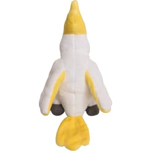 A plush cockatoo toy in white and yellow, with a soft texture and detailed tail. Features a branding logo.