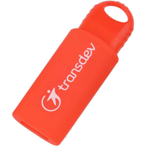 A red flash drive with a looped end and a logo, designed for easy portability and storage.