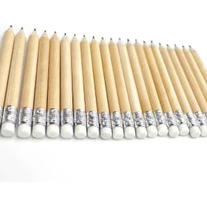 A collection of short grey-lead pencils with silver ferrules and white erasers, arranged in a row on a white background.