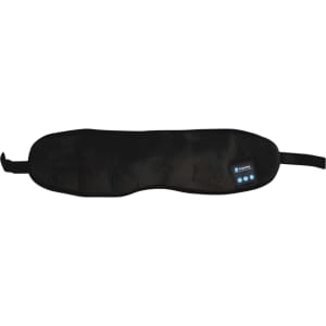 A pair of black Bluetooth sleep headphones designed like a sleep mask, featuring a logo on one side.