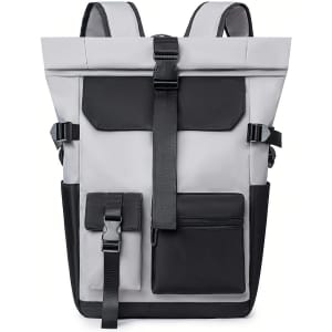 A grey and black multi-pocket roll top backpack with adjustable straps and various zipper compartments.