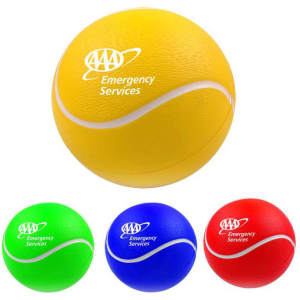 A yellow tennis-shaped stress reliever with a logo, accompanied by green, blue, and red stress balls.