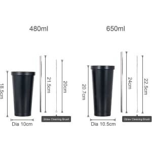 A drink bottle set featuring a 480ml and 650ml double wall black stainless steel tumbler with straw and cleaning brush.