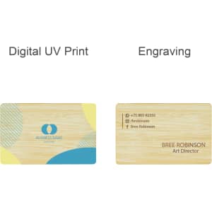 A bamboo business card featuring a natural wood finish with colourful geometric designs and engraved text.