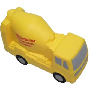 A yellow cement mixer car-shaped stress reliever with black wheels and grey details. It includes a logo.