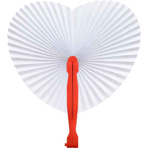 A heart-shaped plastic fan with a red handle and white, pleated fan section. Brand logo visible on the handle.
