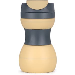 A drink bottle featuring a collapsible design in beige and dark grey, with a lid and branding.