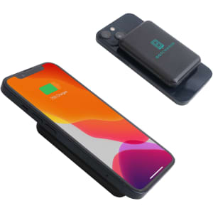 A black 5000mAh eco magnetic power bank attached to a smartphone, displayed from two angles. It has a logo.