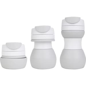 A drink bottle set featuring collapsible silicone coffee cups in grey, with a logo visible on the design.