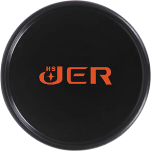 A black lid with a circular shape, featuring a logo in orange. It is designed for medium kraft paper cylinders.
