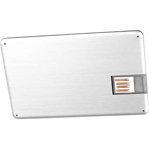 A silver swivel card flash drive with a minimalist design and a USB connector. It features a logo on one side.