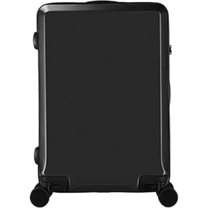 A black wheeled business suitcase with a sleek, smooth surface and retractable handle. Features include wheels for easy mobility.