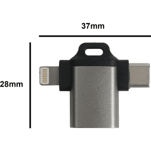 A grey USB 3.0 to USB C Lightning OTG adapter with dimensions marked. It has a logo on the side.