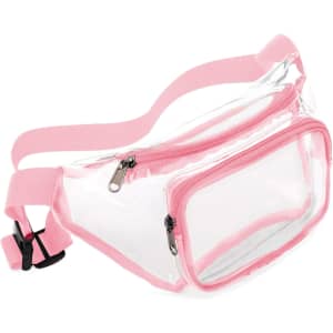 A clear fanny pack with pink accents, featuring a zippered compartment and an adjustable strap.