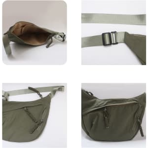 An olive green Dumpling Crossbody Bag with adjustable straps and zippered compartments, featuring a neutral interior.