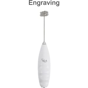 A white milk frother with a silver whisk attachment, featuring a logo on its body.