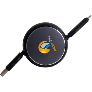 A retractable portable charging cable in black with a circular design and a logo on the front.