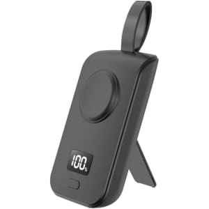 A black portable power bank for Apple Watch with a built-in stand and a digital display.