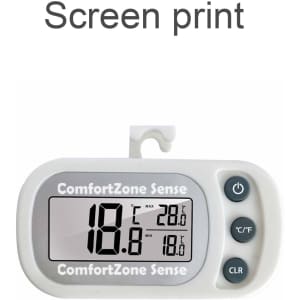 A white ambient thermometer with a digital display showing temperature readings and three buttons. It has a hanging hook.