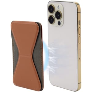 A brown and black PU MagSafe phone stand card holder next to a smartphone, featuring a logo on the holder.