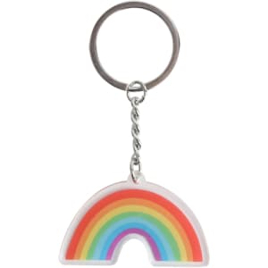 A rainbow-shaped acrylic keyring with vibrant colours and a metal keychain attachment.