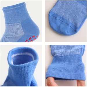 Four angles of blue socks featuring a textured design and grip detail on the sole, along with a snug cuff.