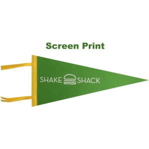 A green felt pennant with yellow ties and a logo printed in the centre.