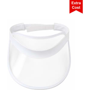 A white PVC sunscreen hat with a clear visor and an adjustable strap at the back. Features a branding logo.