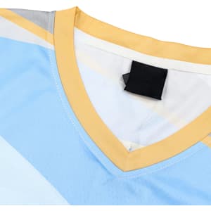 A light blue and yellow sleeveless sport jersey featuring a small V-neck design and a tag inside.