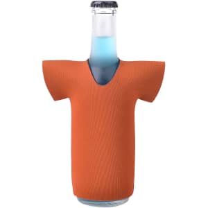 A drink bottle is covered in an orange jersey-style stubby cooler, featuring a rounded neckline and short sleeves.
