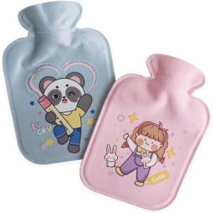 A blue hot water bottle with a panda design and a pink bottle featuring a girl and a bunny, both with plush covers.