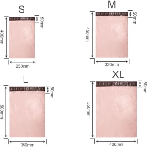 A set of self-sealing plastic mailing bags in various sizes: S, M, L, and XL, all in a pink hue. Each bag features measurements.