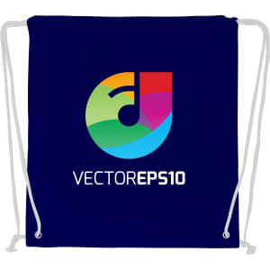 A navy drawstring cotton bag featuring a colourful logo on the front. The bag has white drawstrings.
