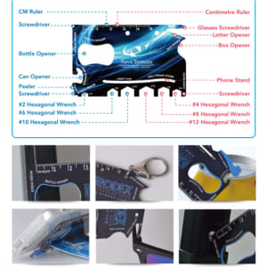 A multi-tool card in blue and black featuring various tools like a ruler, bottle opener, and screwdriver. It includes a logo.