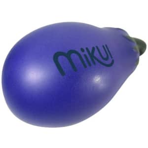 A purple eggplant-shaped stress reliever with a green stem and a logo. Ideal for fun and stress relief.