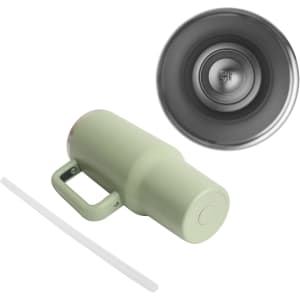 A drink bottle in soft green stainless steel, featuring a lid, straw, and a handle. It has a logo on the side.