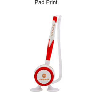 A red and white fixed signature pen with a base for stability, featuring a logo.
