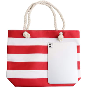 A red and white striped tote bag with a rope handle and a tablet resting against the side.