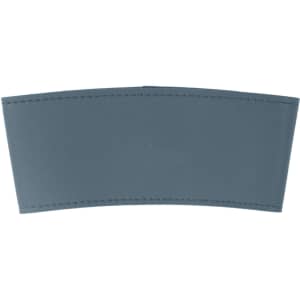 A leather cup sleeve in a muted blue colour with stitching along the edges and a smooth texture.