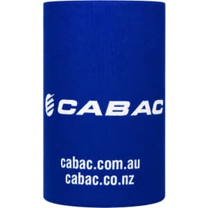 A blue stubby holder featuring a logo, designed to fit standard drink bottles.