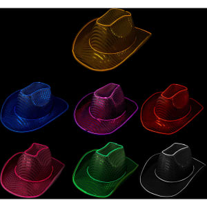 A collection of light-up sequin cowboy hats in blue, pink, red, green, purple, and orange against a black background.