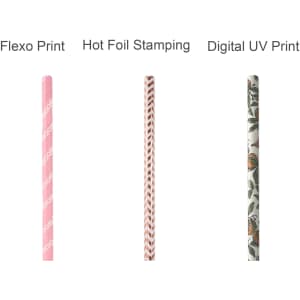 A set of four drinking paper straws in various designs: pink striped, patterned, floral, and a decorative print.